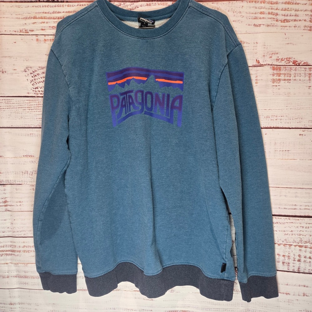 Patagonia Organic Cotton Crew Neck Sweatshirt Blue Logo Men's Medium